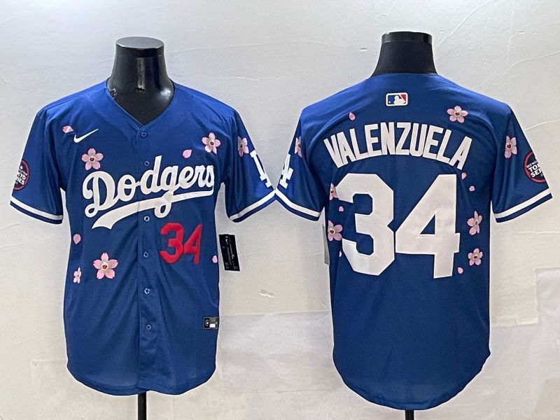 Men Los Angeles Dodgers #34 Valenzuela Blue Sakura Edition 2025 Nike MLB Jersey style 4
